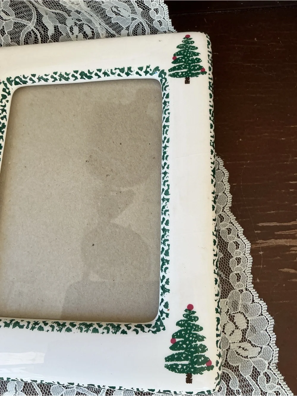 White Picture Frame with Green Christmas Tree Accents -